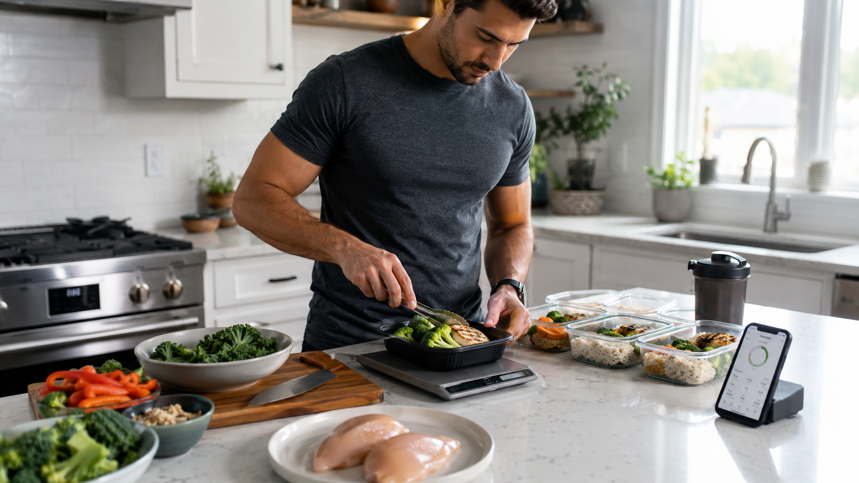 Healthy meal prep in a bright kitchen