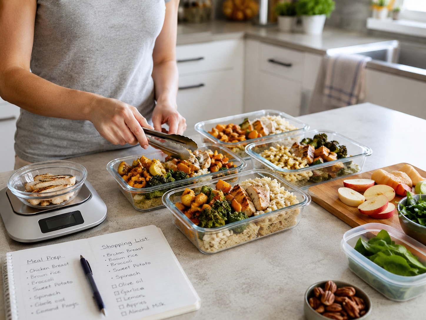 Meal prep for weight loss in a modern kitchen